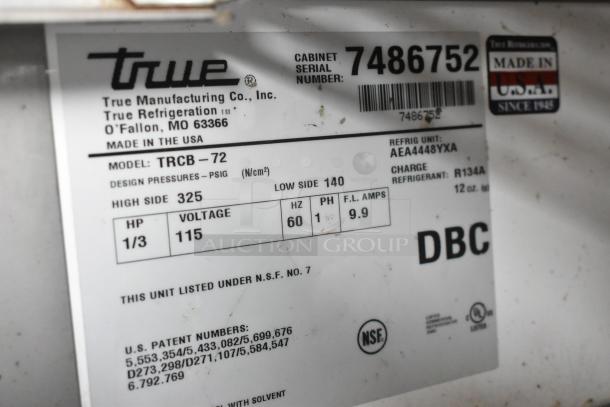 True TRCB-72 stainless steel commercial chef base label, showing model, voltage 115, and Made in USA marking.