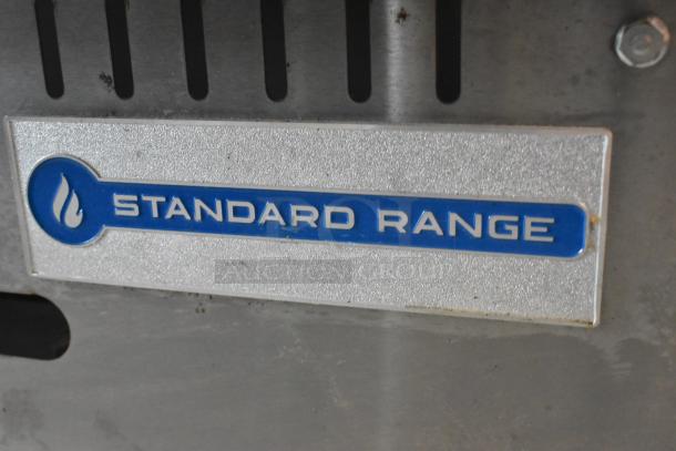 Standard Range SR-G36-M stainless steel commercial griddle with blue logo plate, natural gas powered, countertop model.