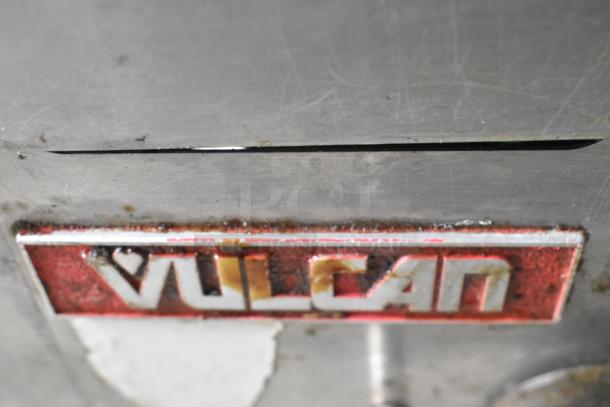 Vulcan 48RPG-E stainless steel flat top griddle, natural gas, commercial use, visible brand mark, sturdy condition.