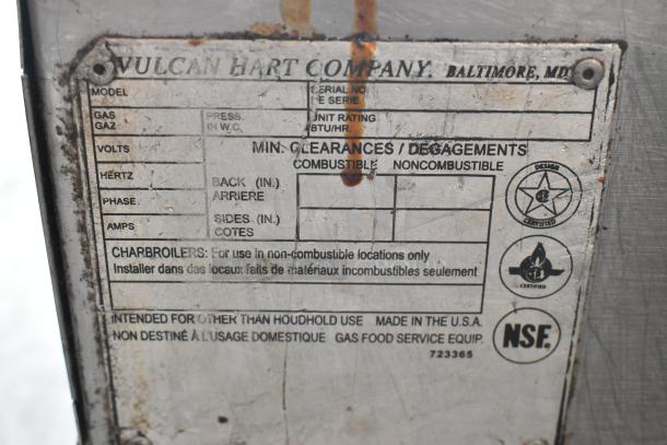 Vulcan 48RPG-E Griddle label, shows use and installation details, NSF certified, made in USA, recommended for non-combustible settings.