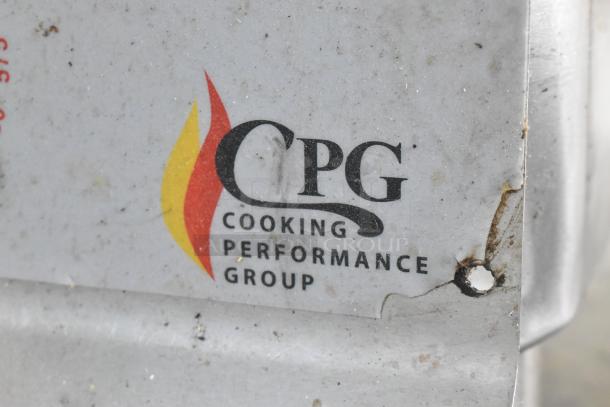 Cooking Performance Group CPG stainless steel commercial gas griddle, visible wear, with brand logo.