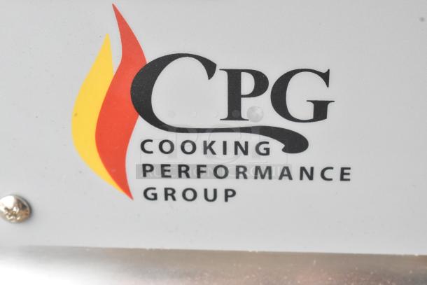 Brand new stainless steel Cooking Performance Group 60" gas griddle with manual controls, model 351GMCPG60NL, logo visible.