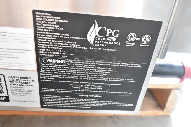 Brand new 2023 Cooking Performance Group CPG 351GMCPG60NL stainless steel gas countertop griddle, 60", 150,000 BTU, shown with labels highlighting commercial use, manual controls, and safety instructions.