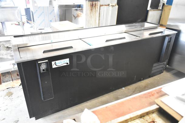 Brand new 2024 Avantco 178HBB95HC 95" black metal bottle cooler with minor scratches. 115V, ideal for commercial use.