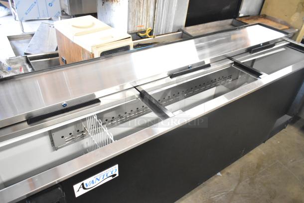 BRAND NEW Avantco 178HBB95HC 95" black metal bottle cooler, 115V, 1 phase, with minor scratches and dents visible.