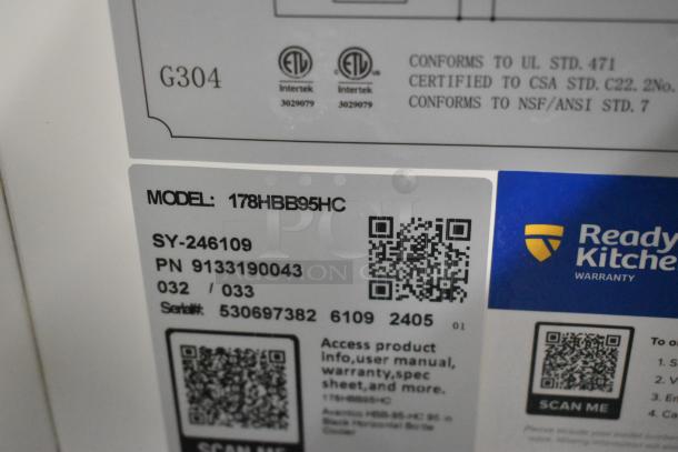 Label of Avantco 178HBB95HC commercial bottle cooler showing model and certification details, with QR codes for warranty and specs.
