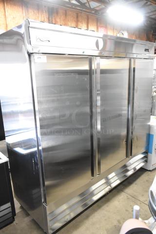 BRAND NEW Avantco 178SS3FHC stainless steel 3-door reach-in cooler with poly-coated racks, commercial casters. Minor scratches.