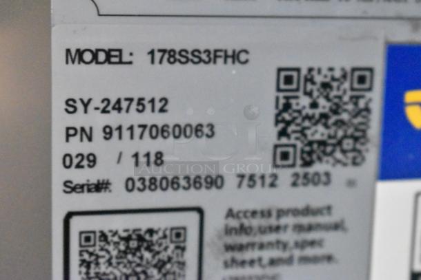 Alt text: Avantco 178SS3FHC model label with QR codes, serial number, and part number details.