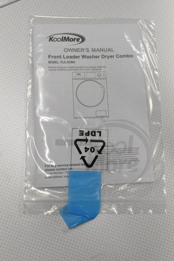 Owner's manual for KoolMore FLC-3CWH washer dryer combo in plastic wrap, marked with model and usage instructions.