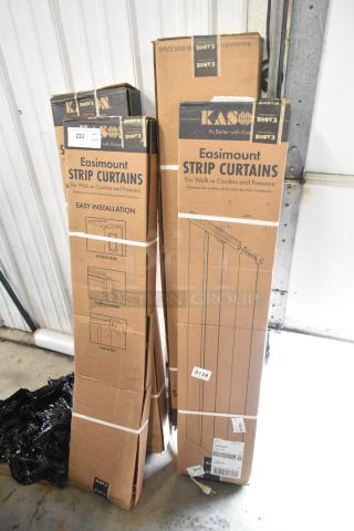 Four Kason Easimount strip curtain sets in boxes, different sizes (8"x81", 8"x102", 6"x82", 4"x78"), brand new condition.