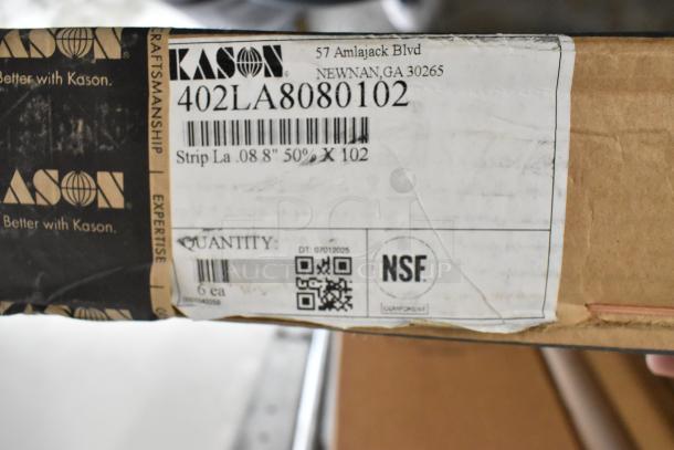 Kason® 402 Easimount Strip Curtain 402LA8080102, 8"W x 102"H, NSF certified, new in packaging, label details visible.