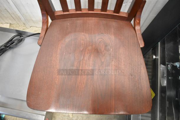 Brand new wooden dining height chair with scratch and dent. Rich wood finish, slatted backrest, sturdy construction.