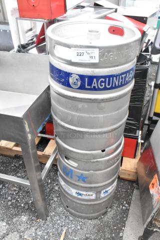 Two metal half barrel kegs featuring Lagunitas branding, stacked. Includes MicroStar labels. Auction includes bid multiplier.