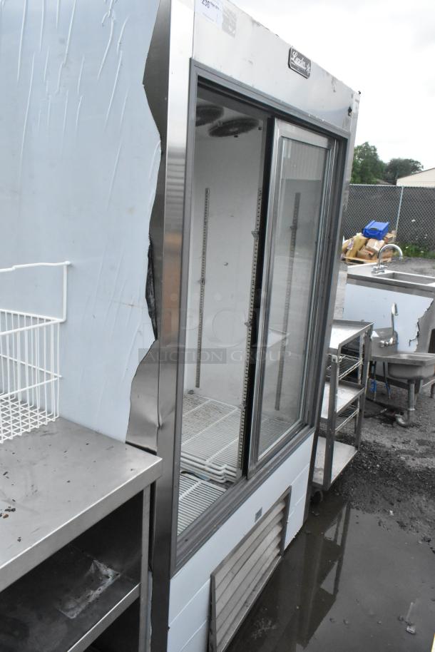 Leader LS48 S/C 2-door commercial cooler merchandiser, 115V, stainless steel, visible exterior damage on side panel.