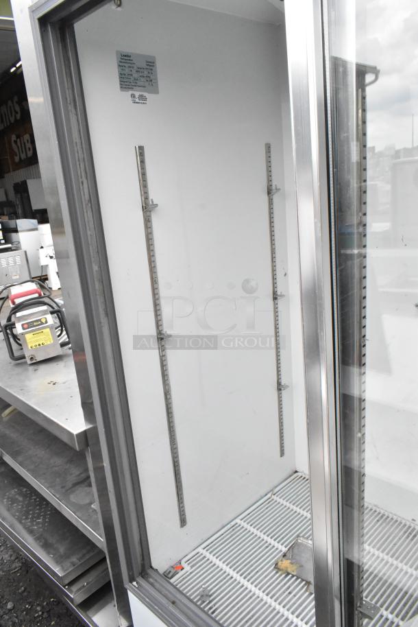 Leader LS48 S/C 2 Door Reach In Cooler, metal finish, commercial use, 115V, 1 phase, empty interior, visible label.