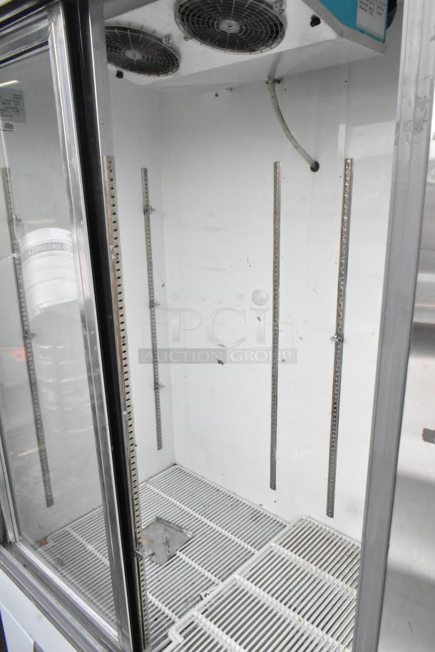 Leader LS48 S/C commercial 2-door reach-in cooler, clean interior, adjustable shelving, 115 volts, 1 phase.