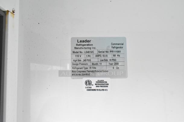 Leader LS48 S/C 2 Door Cooler Merchandiser label; 115V, 1 Phase, Serial PR111081, R-134a refrigerant, 2008 model.