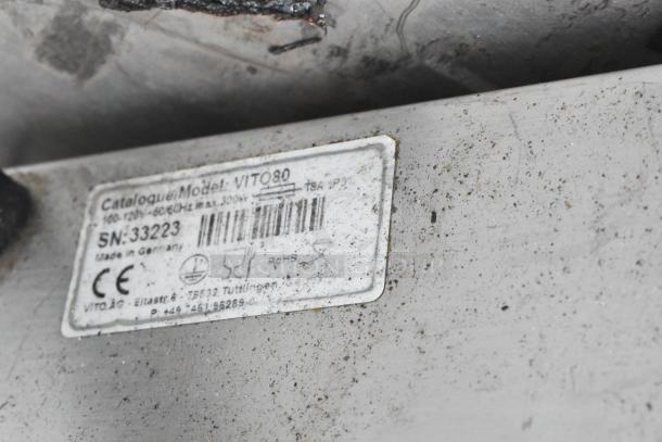 Vito 80 Stainless Steel Portable Fryer Oil Filter System label, showing model, serial number 33223, voltage, and certifications.