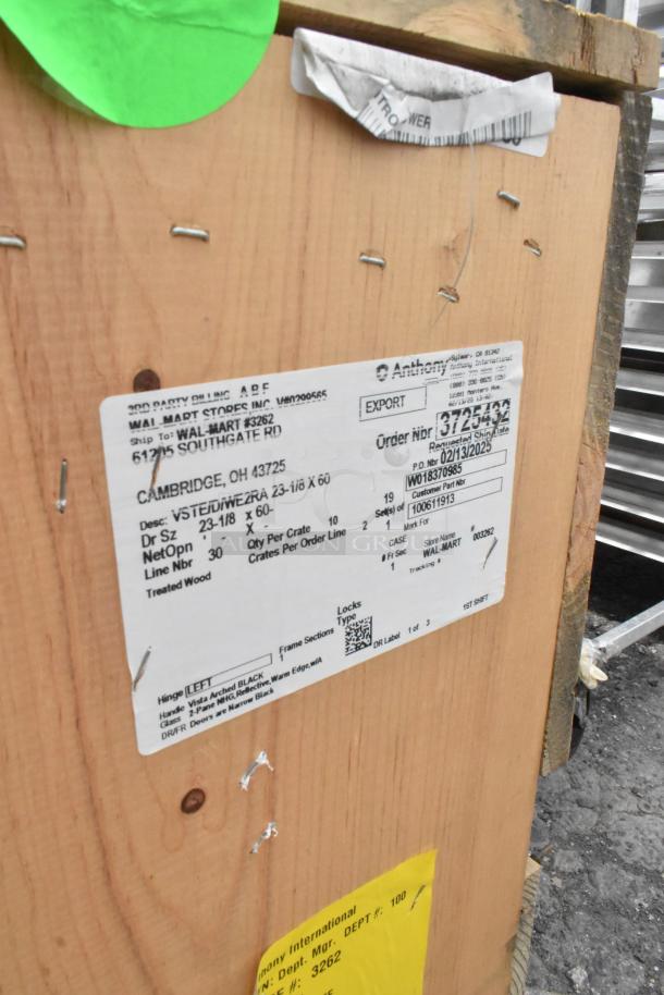 Crated glass doors, brand new, 10 pieces, each 23-1/8"x60". Label shows shipment details and specifications.
