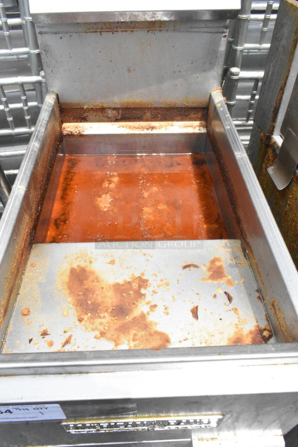 American Range AF-35/50 stainless steel commercial fryer in used condition, visible oil residue, natural gas, 40,000 BTU.