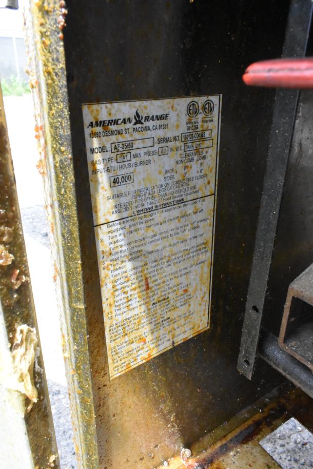 American Range AF-35/50 fryer label, showing model info, gas type, and 40,000 BTU capacity on stainless steel surface.