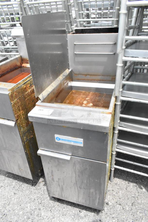 Standard Range SR-F4-NG stainless steel natural gas fryer, 120,000 BTU, used condition, floor style, visible label.