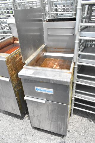 Standard Range SR-F4-NG stainless steel natural gas fryer, 120,000 BTU, used condition, floor style, visible label.