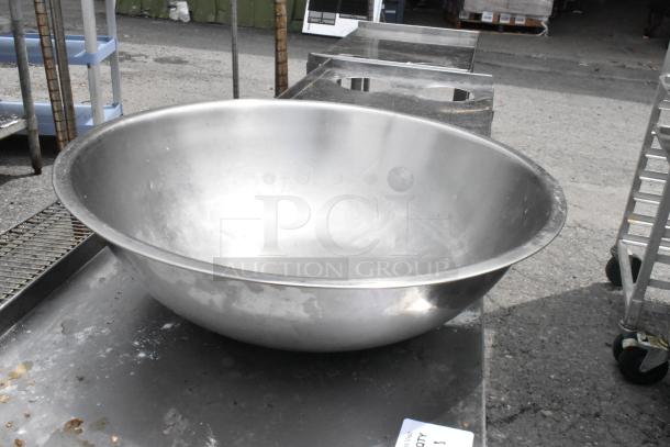 Aluminum bowl, 29x29x9 inches, used condition, visible wear. Set of 3 bowls included in auction.