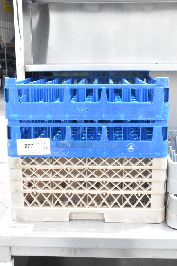 Five poly dish caddies, stackable design, blue and beige, labeled "277", used condition, ideal for storage.