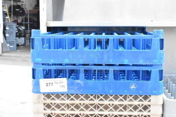 Five blue poly dish caddies stacked, used condition. Marking indicates "5179." Label shows lot number 277, quantity 5x.