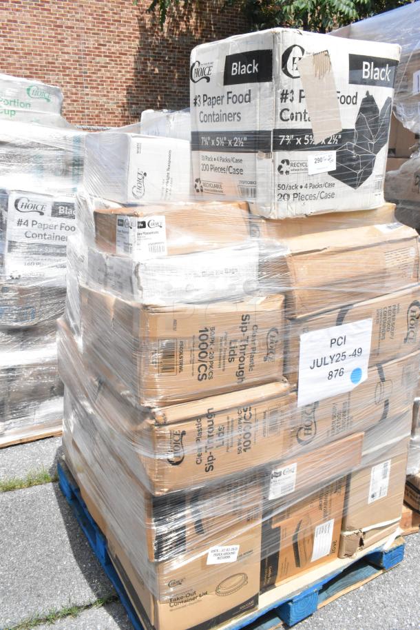 Pallet of brand new scratch and dent items, including food containers, cups, trash bags; wrapped and labeled for auction.