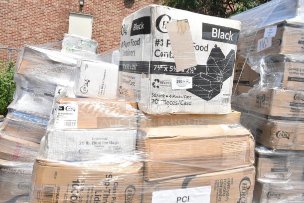Boxes of new scratch and dent items: gloves, containers, cups, trash bags, teaspoons. Labels indicate various types and quantities.