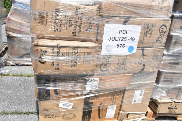 Pallet of 30 new scratch and dent boxes containing gloves, containers, cups, trash bags, and teaspoons. Labeled for auction.