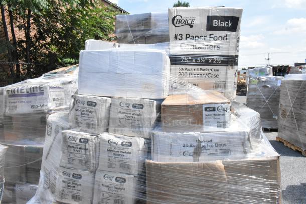 Stack of 30 brand new boxes of various items. Visible labels show Choice brand containers, sporks, and placemats.