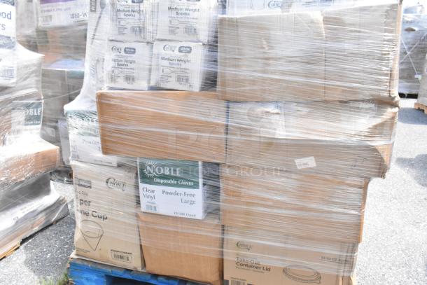 Palette of 30 new scratch and dent items including Noble disposable gloves, Choice take-out container lids, and cups, wrapped in plastic.