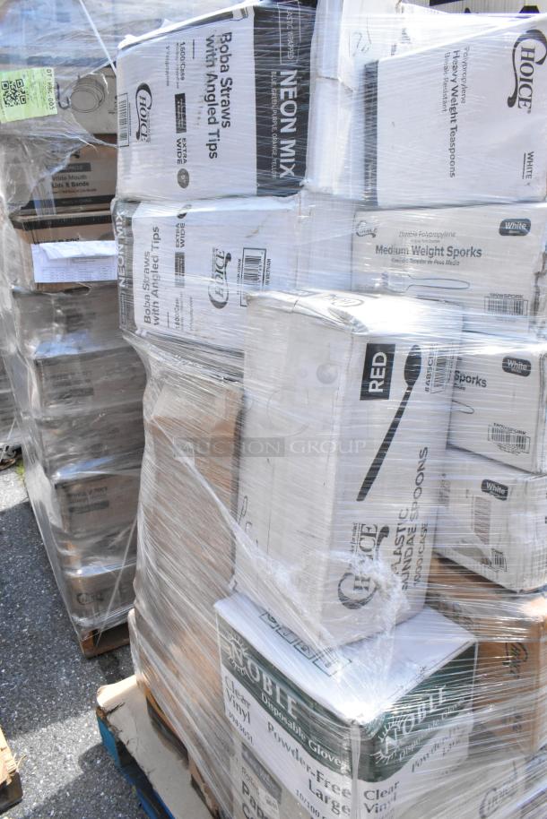 Pallet of assorted new items wrapped in plastic, including Choice brand sporks, Noble gloves, and other disposable products.