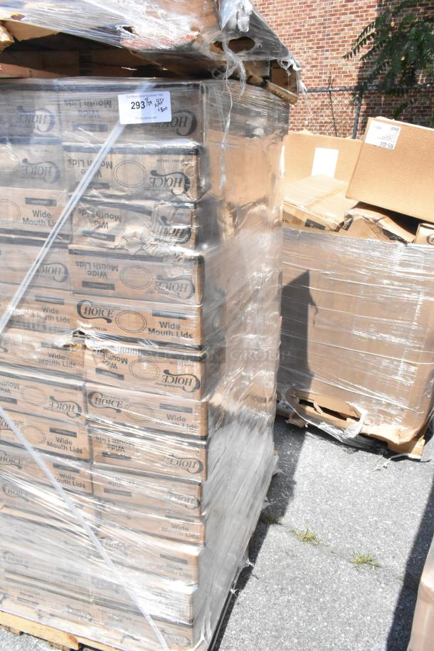 Stack of 300 new scratch and dent boxes of 407WMCL Choice Wide Mouth Lid and Bands, 48 per pack, on a pallet.
