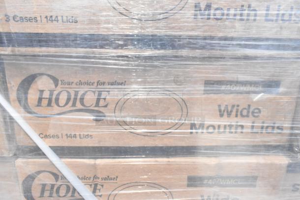 300 boxes of Choice 407WMCL wide mouth lids and bands for canning jars. Scratch and dent condition. 48 lids per pack.