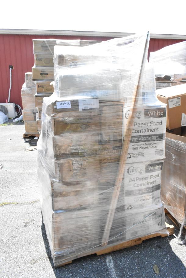 Pallet of shrink-wrapped boxes containing white paper food containers labeled "Choice." New condition, 35 items included.