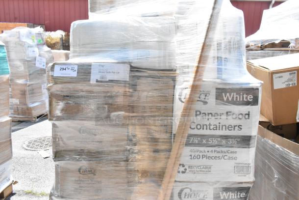 Sealed pallet with Choice paper food containers, labeled for sale, scratch and dent condition. Includes multiple cases.