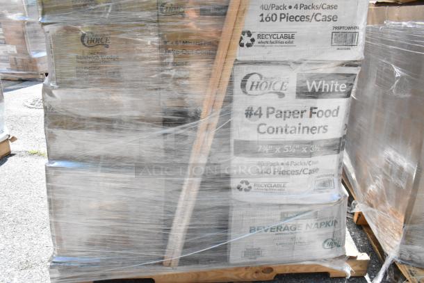 Pallet of Choice brand paper food containers and beverage napkins, shrink-wrapped, scheduled for auction.