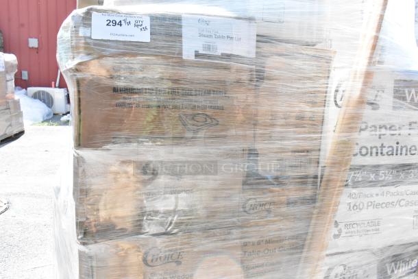 35 brand new scratch and dent items in shrink-wrapped pallet. Includes to-go containers and gloves. Quantity label visible.