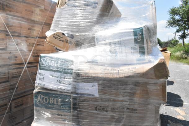Plastic-wrapped pallets containing Noble disposable gloves and Choice to-go containers, some boxes labeled 1000/case, scratch and dent condition.