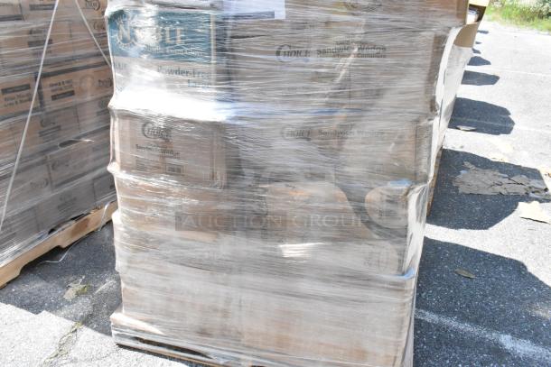 Pallet of 35 new scratch and dent items including to-go containers and gloves, wrapped in plastic, ready for auction.