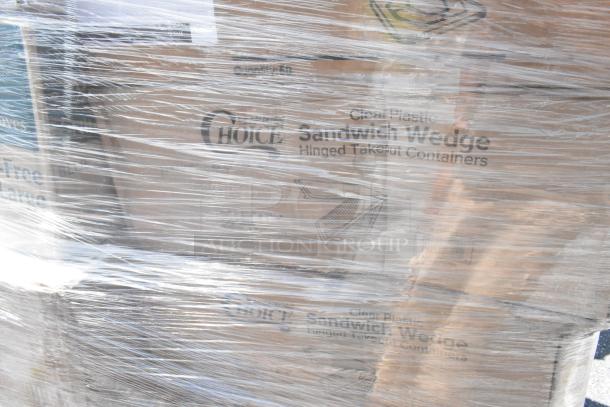 Shrink-wrapped boxes labeled "Choice Clear Plastic Sandwich Wedge Hinged Takeout Containers," part of a bulk auction lot.