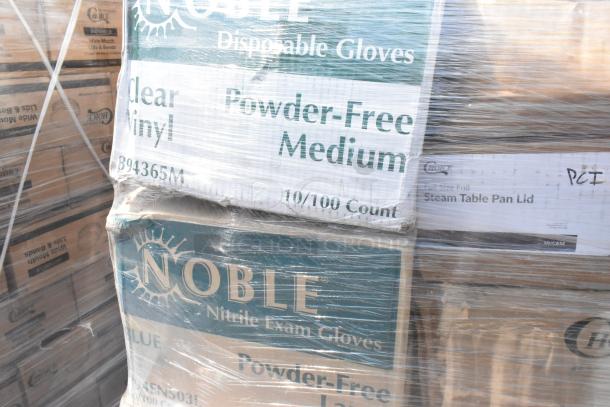 Pallet of brand new gloves and containers wrapped in plastic. Includes Noble nitrile gloves, Choice lids, all labeled clearly.