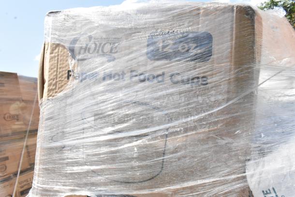 Shrink-wrapped pallet of Choice brand paper hot food cups, labeled 12 oz. Boxes in new, scratch and dent condition.