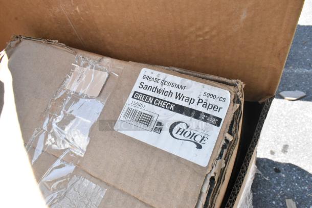 Cardboard box of Choice grease-resistant sandwich wrap paper, 5000 per case, Model 150401, slight packaging wear.