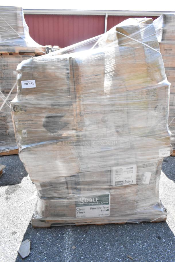Shrink-wrapped pallet of new scratch and dent items including plasticware and gloves. Visible label: "Noble Disposable Gloves."