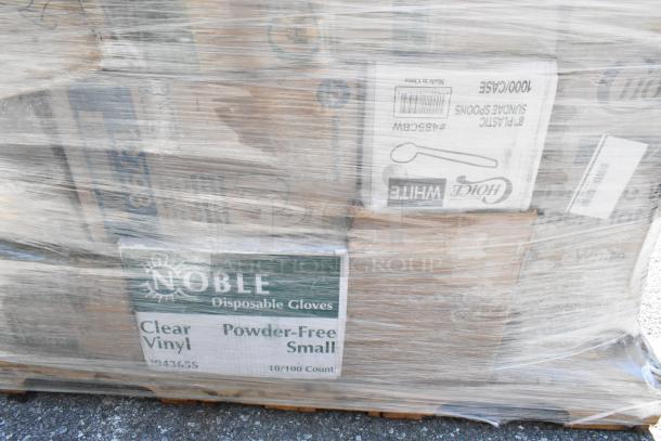 Shrink-wrapped pallet with Noble disposable gloves and Choice plastic spoons. Boxes appear brand new. Auction includes 30 items.